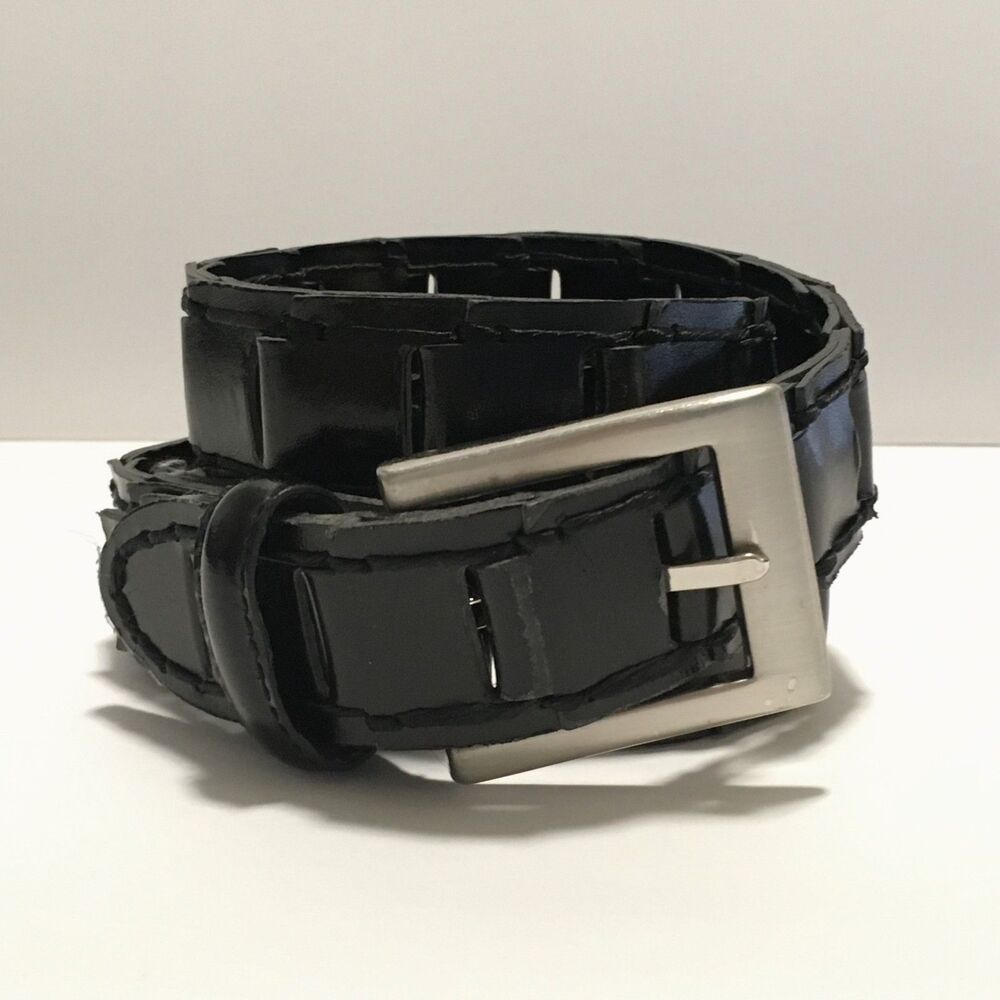 Vtg NY & Co Womens M Belt Genuine Leather Black Silver Tone Buckle Square Links